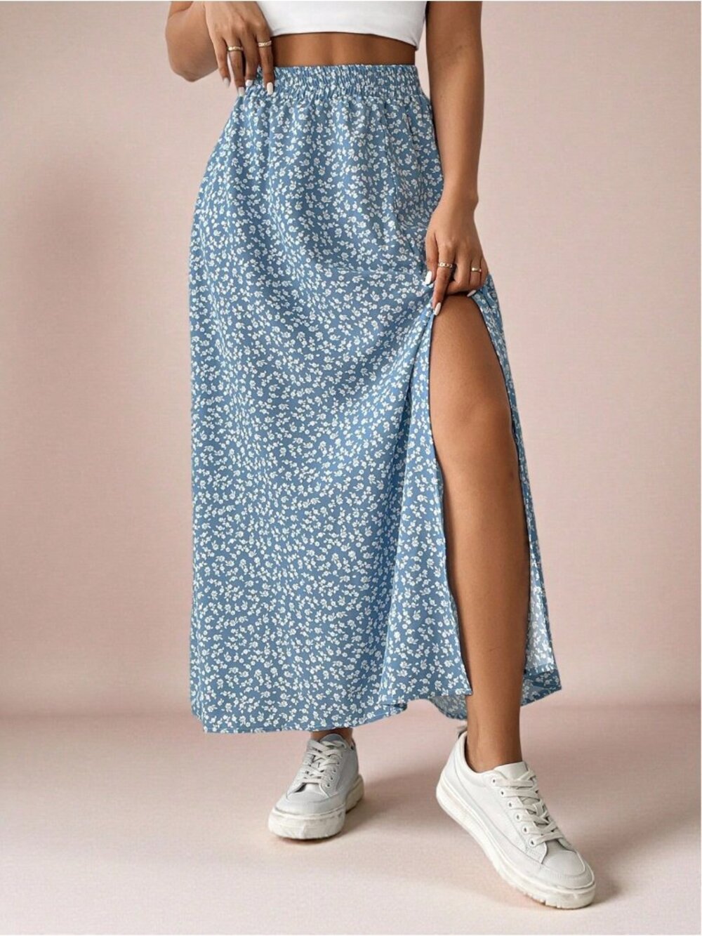 Light Blue Floral A-Line Skirt